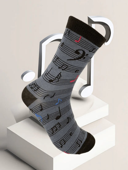 Gray men’s fashion music symbol sock with black pink notes solid black cuff and toe pattern sock combination