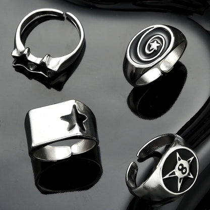 Silver-toned pcs punk black star rings set featuring y2k finger rings with geometric and skull designs for unisex use