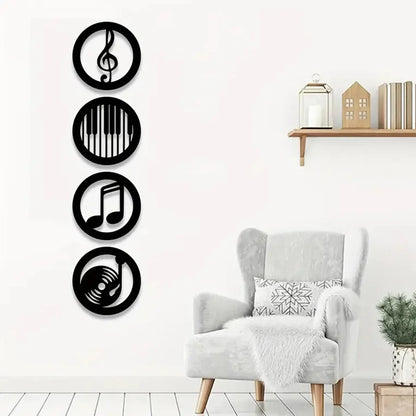 Black circular pcs wood wall art decor featuring musical note, piano keys, and vinyl record for ktv recording studio gifts