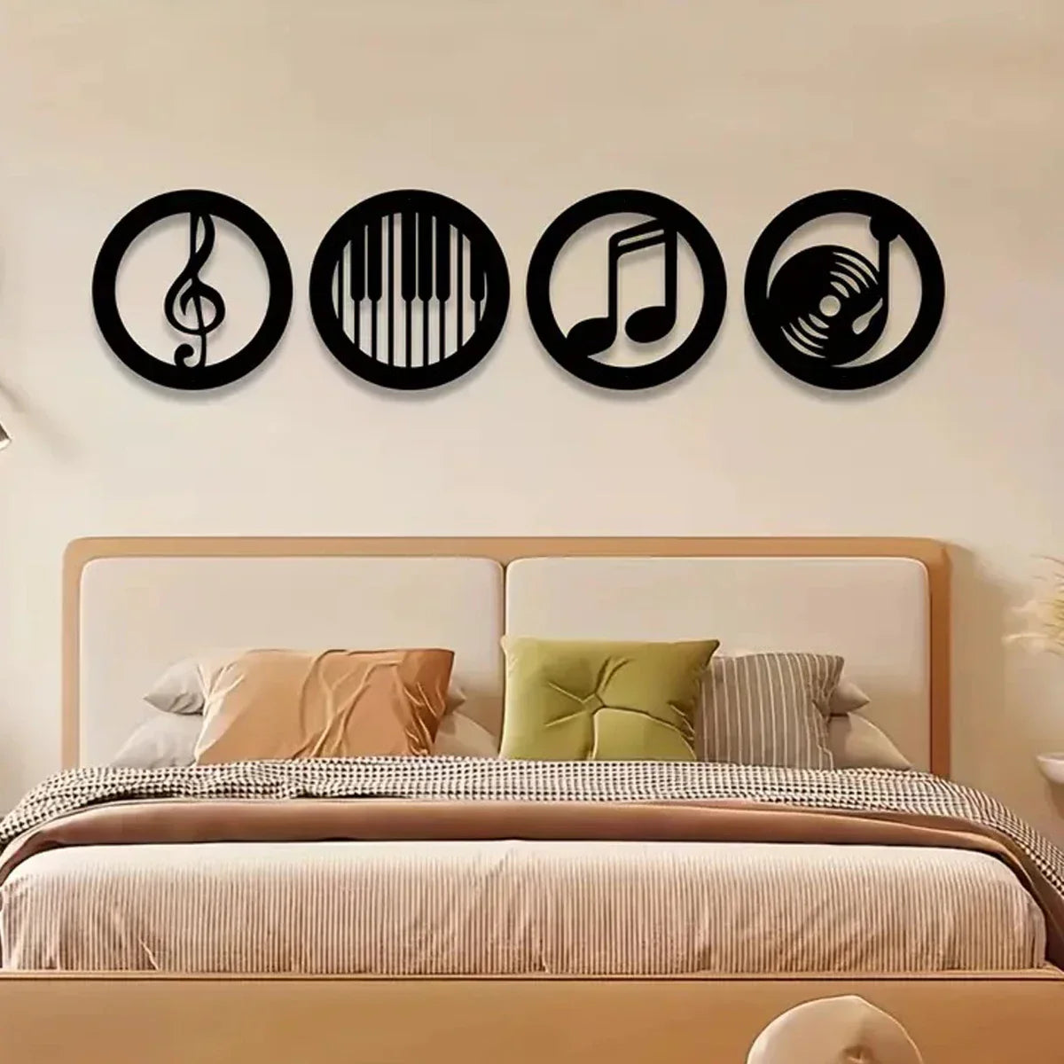 Black circular metal wall art with musical symbols including treble clef and piano keys for ktv recording studio decor
