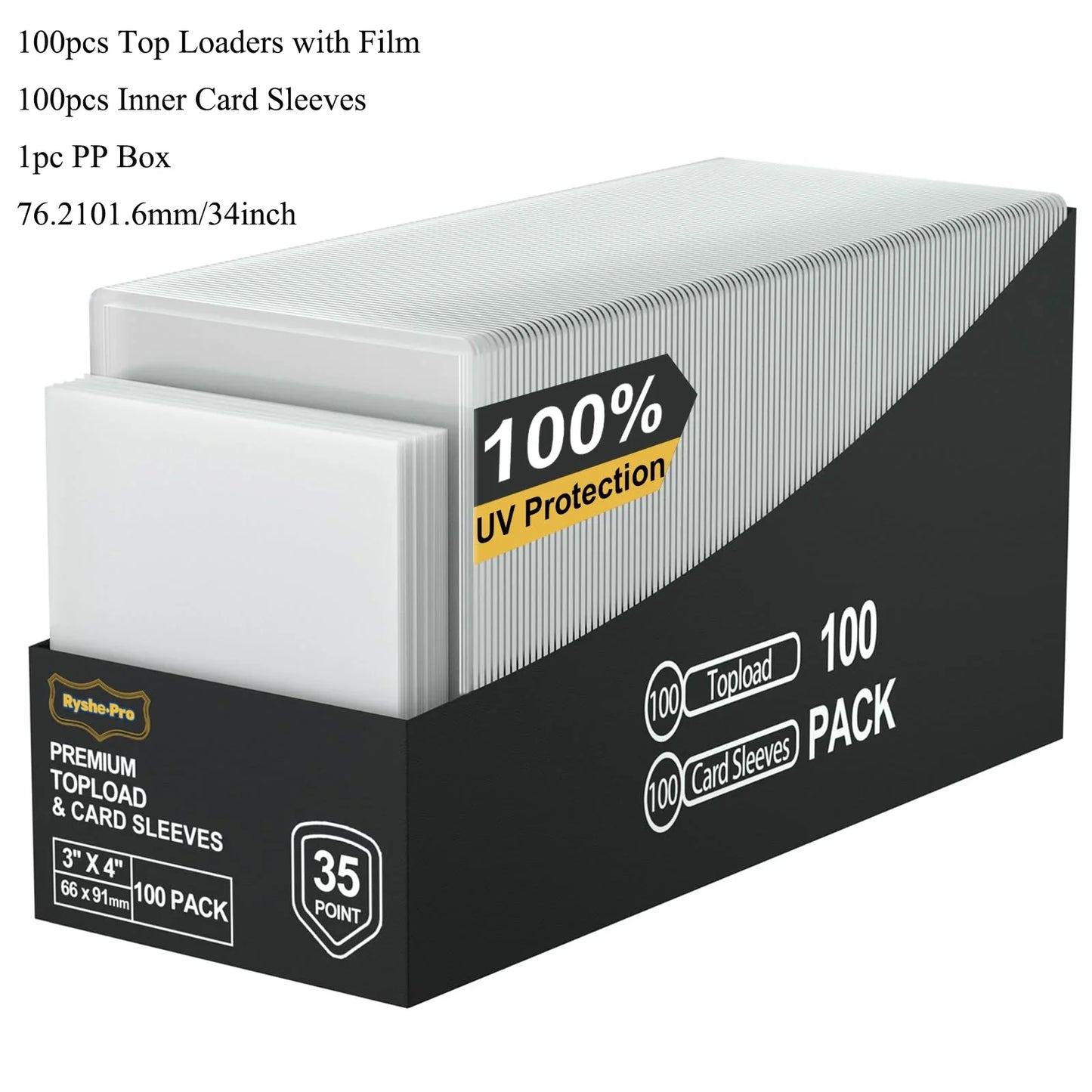 A black and white box of 100 premium uv protection toploaders leather card sleeves for pocket toploader binders