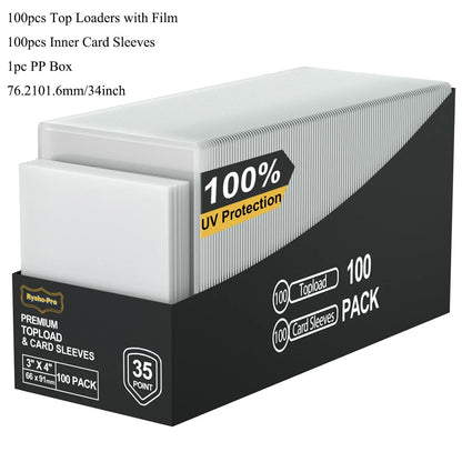 A black and white box of 100 premium uv protection toploaders leather card sleeves for pocket toploader binders