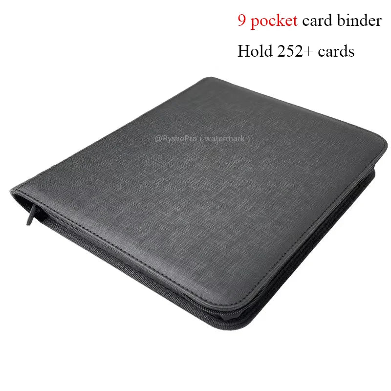 Black leather card holder binder with nine double sided pockets for pocket toploader binders and toploaders cards