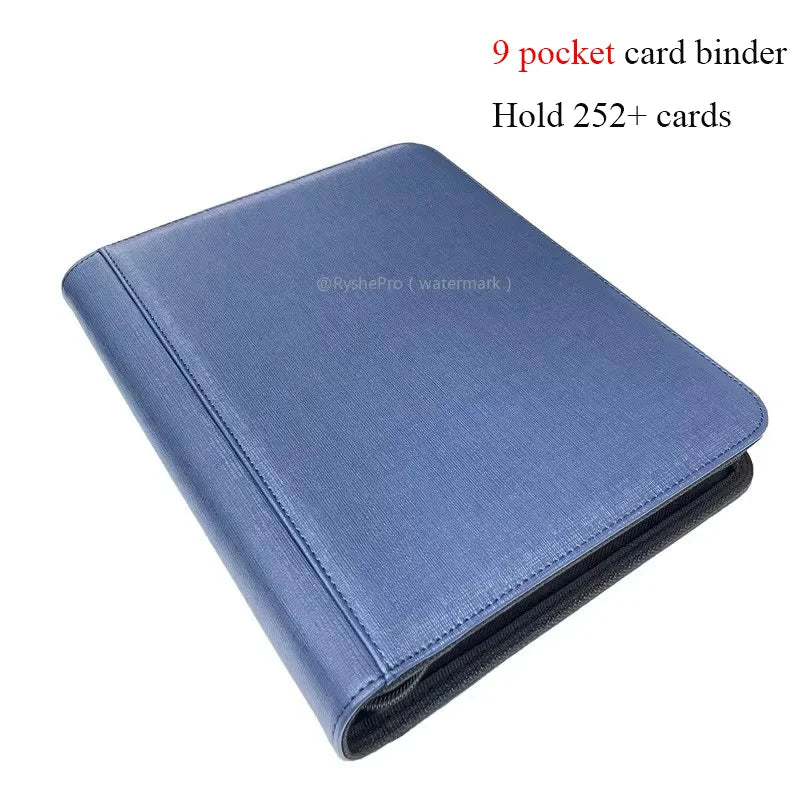 Blue textured leather card holder with nine double sided pockets pocket toploader binders for mtg cards