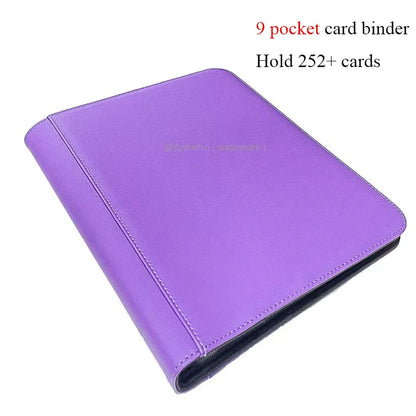 Purple leather card holder with 9 stitched pockets and black interior for toploaders leather card storage