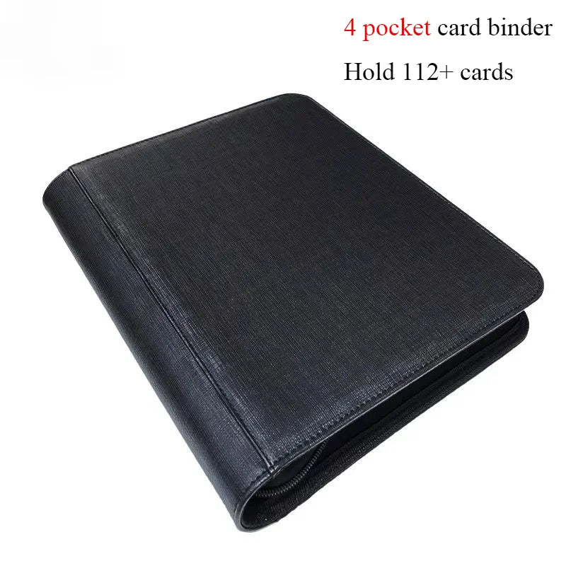 Black leather card holder with four pockets toploaders leather card binder for 112 plus mtg ptcg cards