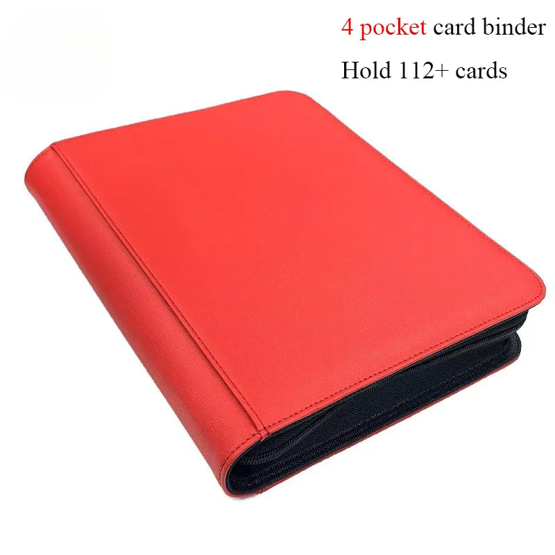 Red leather card holder 4 pocket toploader binder with black zipper lining for mtg ptcg card storage
