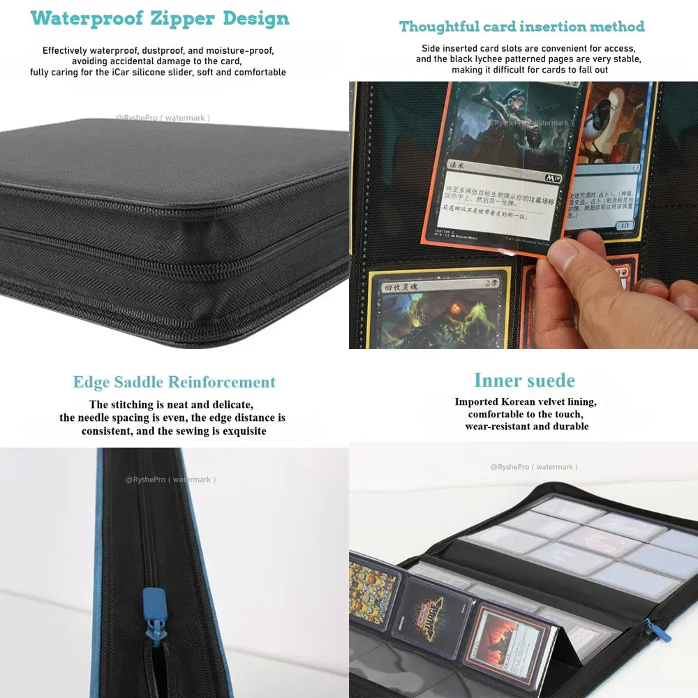 Black waterproof leather card holder with inner suede lining and side-inserted card slots for pocket toploader binders