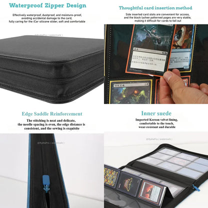 Black waterproof leather card holder with inner suede lining and side-inserted card slots for pocket toploader binders