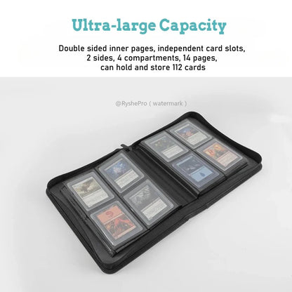 Black zippered leather card holder with clear sleeves for 112 trading cards in pocket toploader binders design