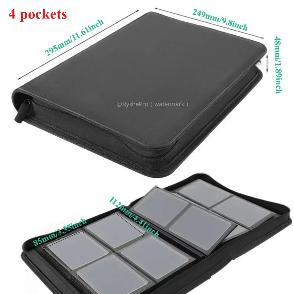 Black leather card holder with four double sided clear pockets for toploaders leather card collector storage