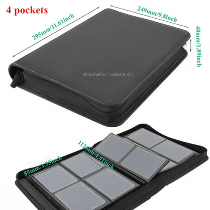 Black leather card holder with four double sided clear pockets for toploaders leather card collector storage