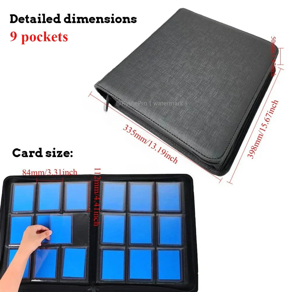 Black faux leather card holder with 9 clear double sided pockets for toploaders leather card storage in pocket toploader binders