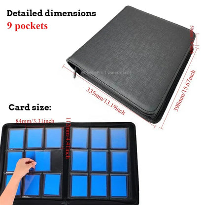 Black faux leather card holder with 9 clear double sided pockets for toploaders leather card storage in pocket toploader binders