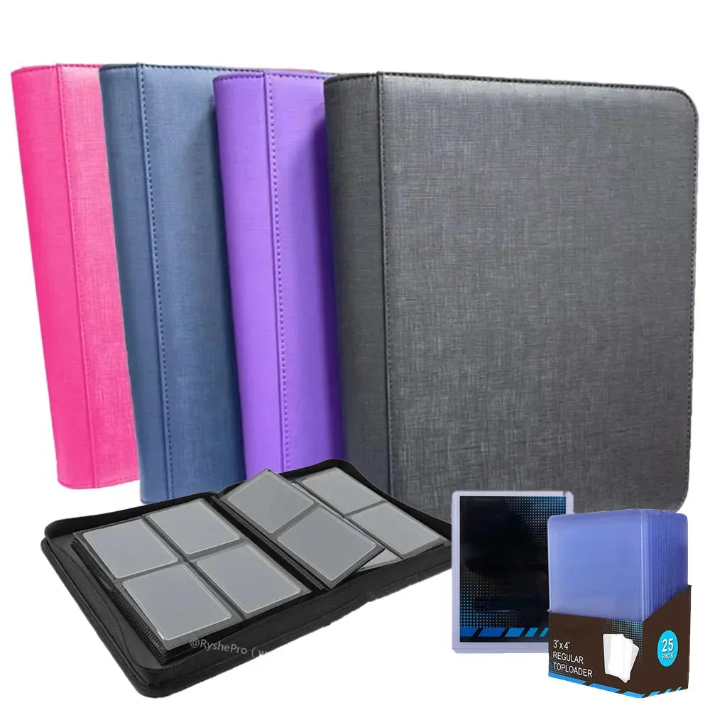 Gray textured fabric toploaders leather card holder with black protective case and matching sleeves for 3x4 cards