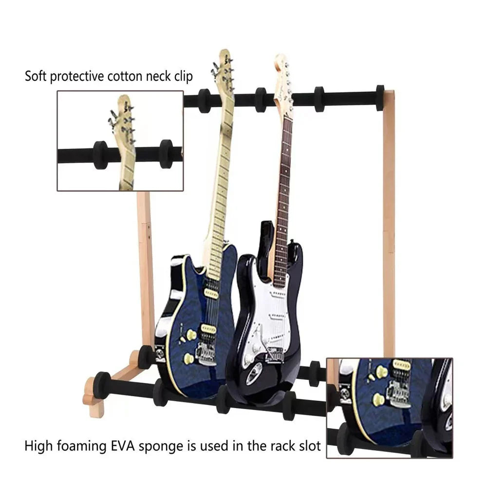Black and natural wood 4 rows multi guitar stand with soft protective cotton neck clips for hang bass electric guitar ukulele