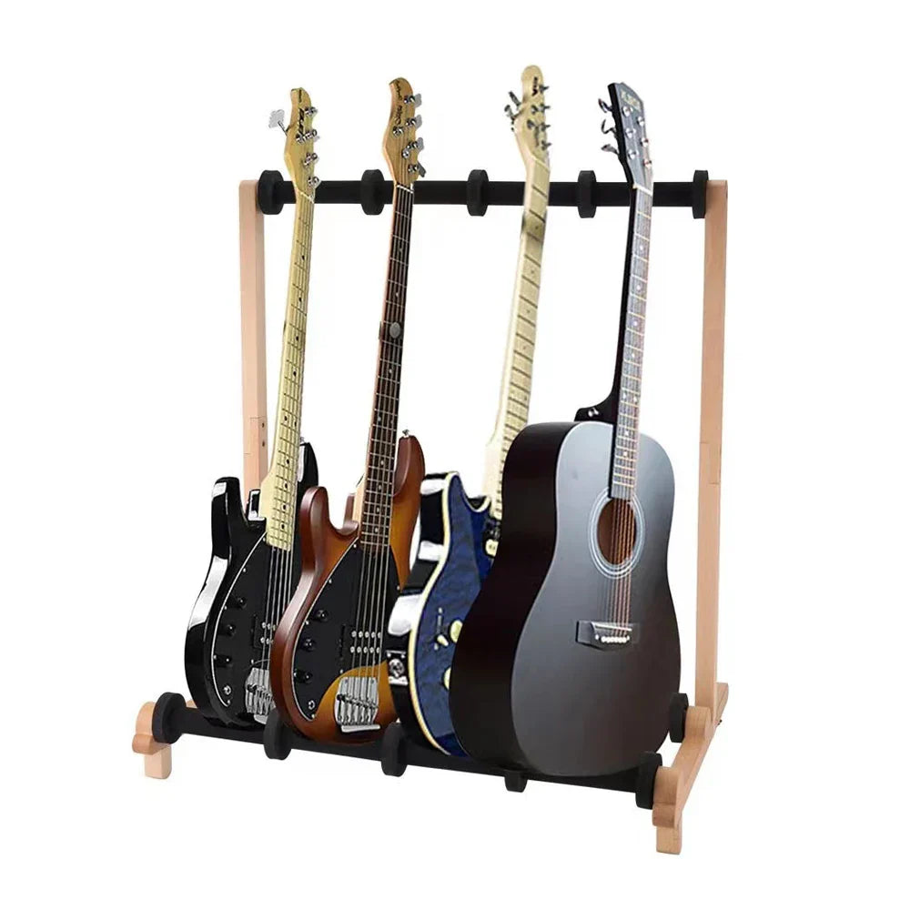 Black and natural wood 4 rows multi guitar stand holding electric guitar ukulele and bass instruments