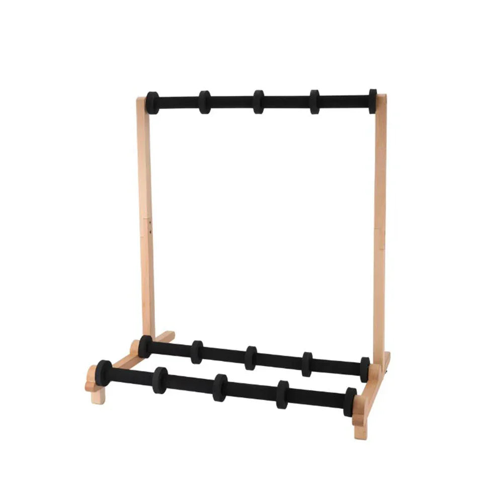 Light wood-framed 4 rows multi guitar stand with three black grip bars to hang bass electric guitar ukulele securely
