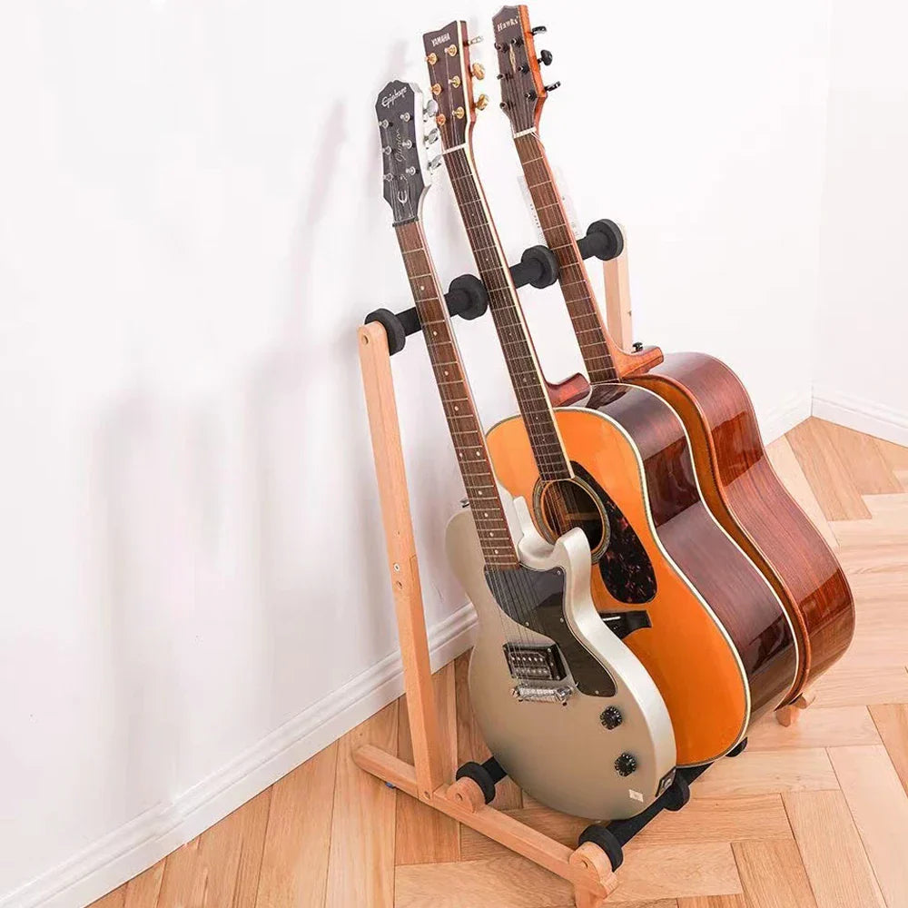 Light wood 4 rows multi guitar wooden stand holding acoustic and electric guitars for hang bass electric and ukulele use
