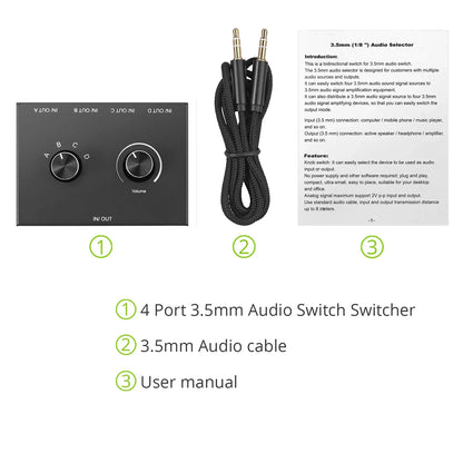 Black 3.5mm stereo audio switcher with four ports volume knob and coiled cable switch splitter box with mute button