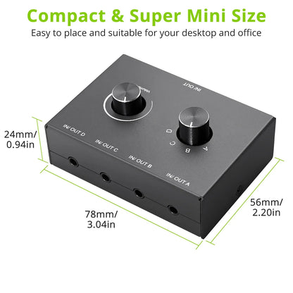 Black compact 4 way 2 way 3.5mm stereo audio switcher splitter box with two rotary knobs and four labeled ports