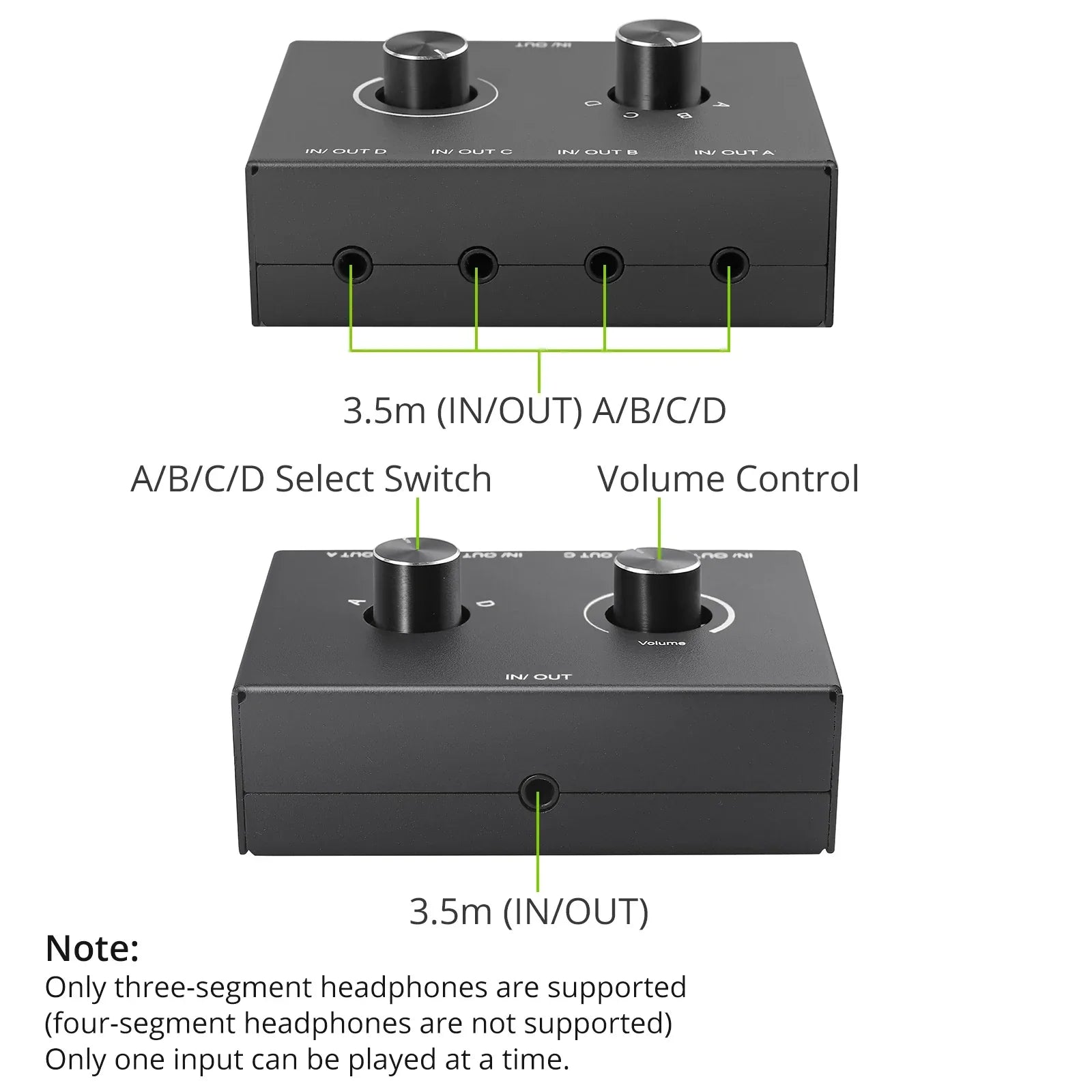 Black rectangular stereo audio switcher with two rotary knobs and four 3.5mm jacks on the back panel switch splitter box