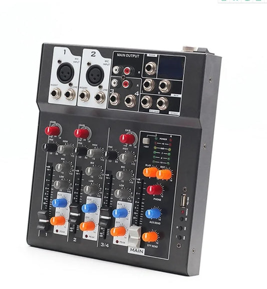 Black compact usb household reverberation bluetooth mixer with red orange blue knobs and silver input output jacks for ktv recording stage