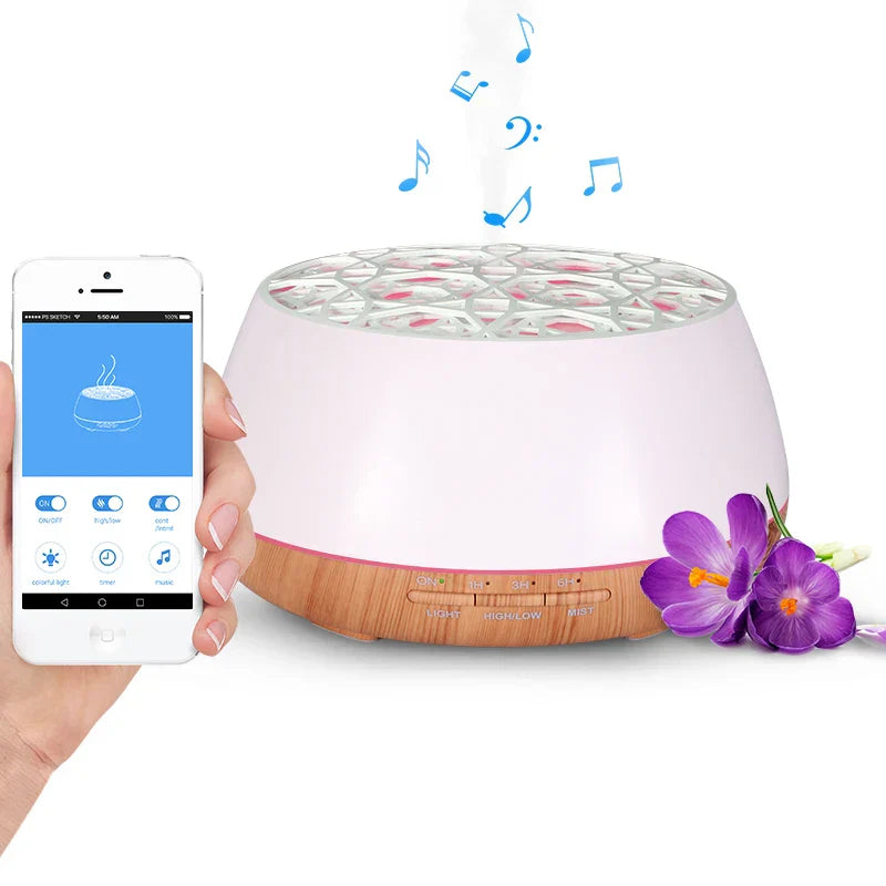 Pink and wood-textured 400ml app remote speaker aroma diffuser emitting musical notes with bluetooth oil humidifier music features