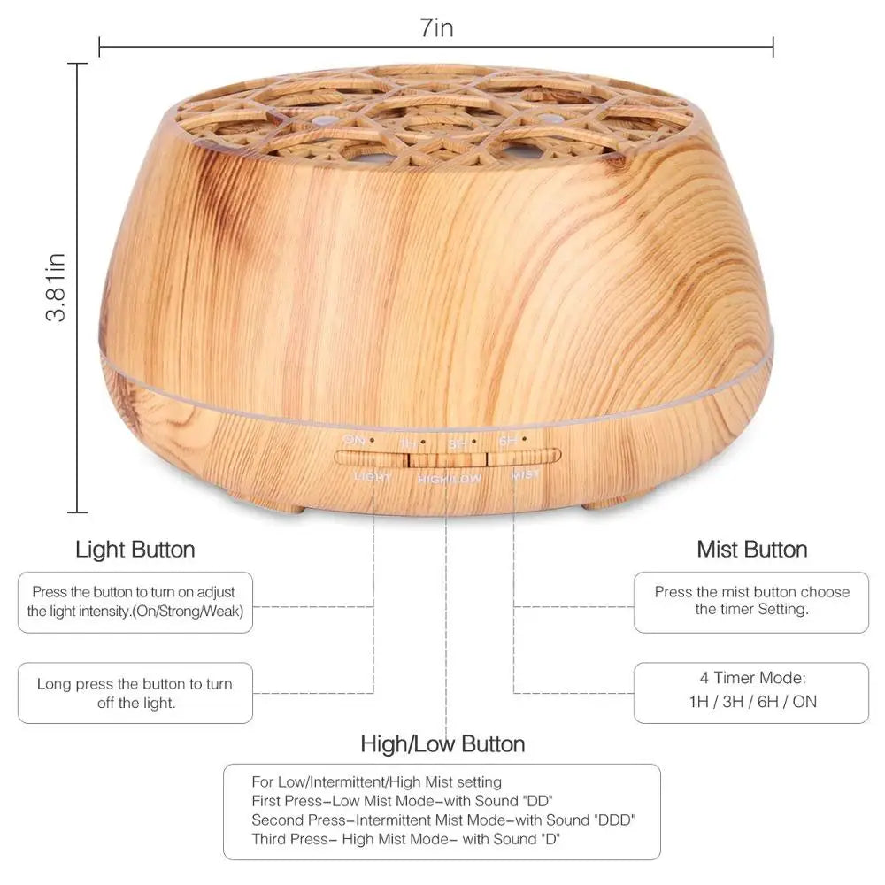 A sleek light wood-grain 400ml app remote speaker aroma diffuser with geometric top and rounded edges for oil humidifier music use