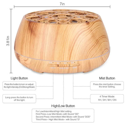 A sleek light wood-grain 400ml app remote speaker aroma diffuser with geometric top and rounded edges for oil humidifier music use