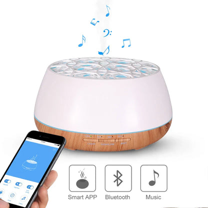 White and wood-grain 400ml app remote speaker aroma diffuser with honeycomb top and bluetooth music oil humidifier music