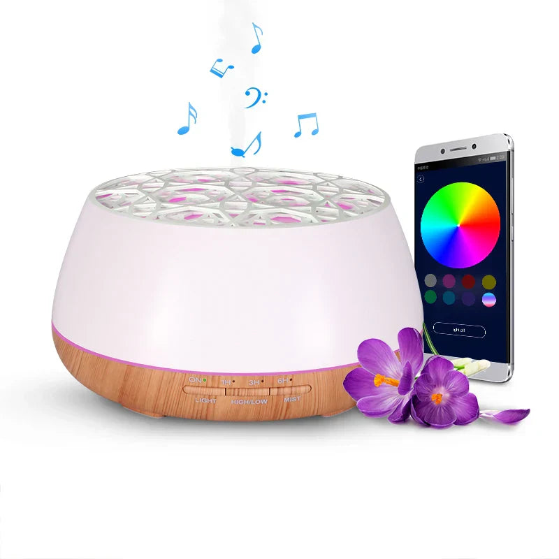 White and wood-textured 400ml app remote speaker aroma diffuser with honeycomb top emitting mist and smartphone color control