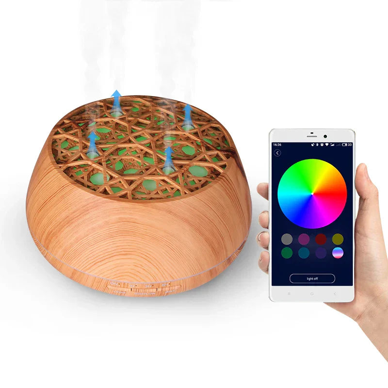 Wooden bowl-shaped 400ml app remote speaker aroma diffuser with woven lattice top and glowing green oil humidifier music accents