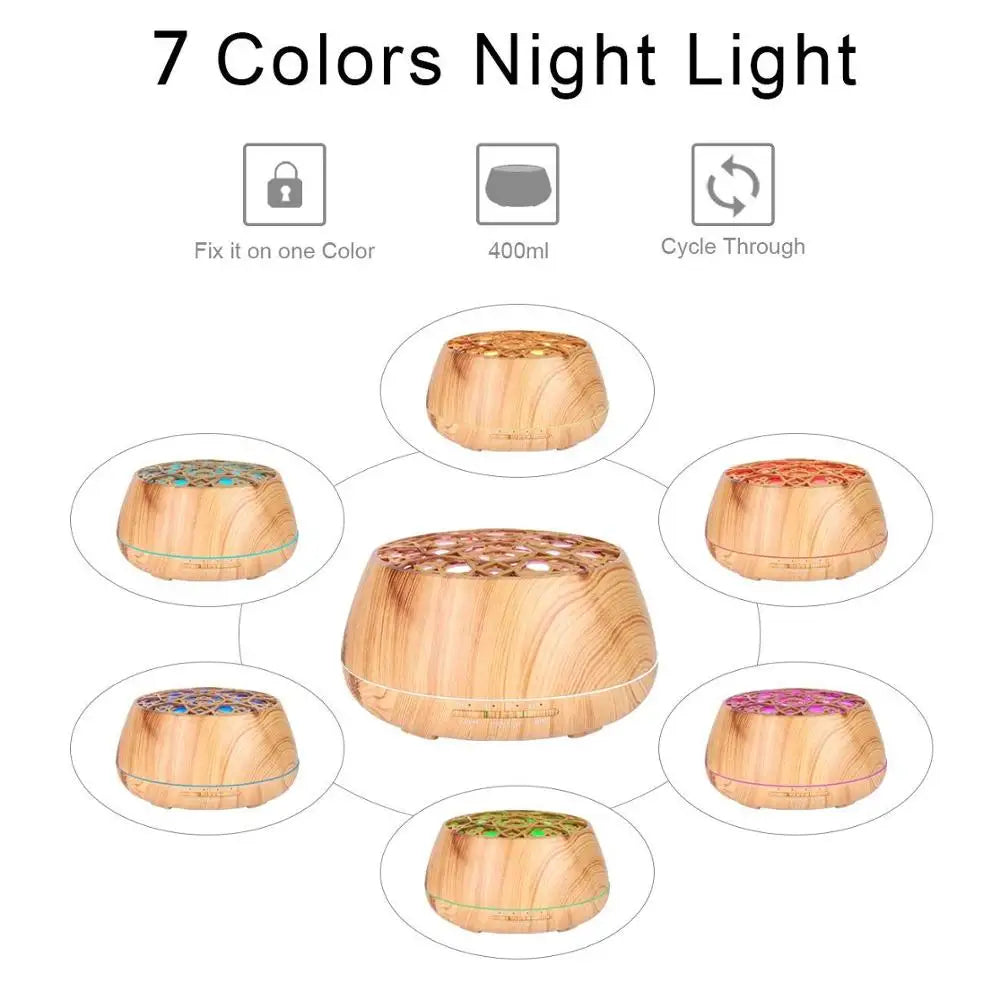 Wooden-textured 400ml app remote controlled speaker aroma diffuser with patterned top and seven color lighting options