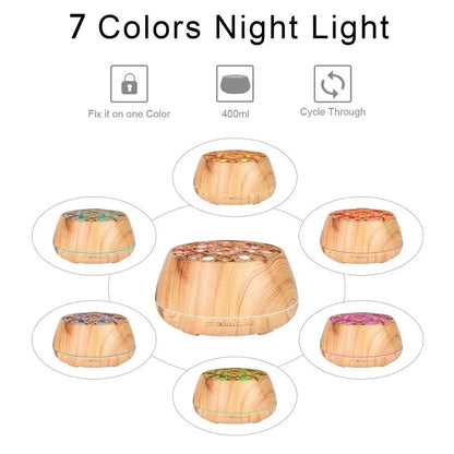 Wooden-textured 400ml app remote controlled speaker aroma diffuser with patterned top and seven color lighting options