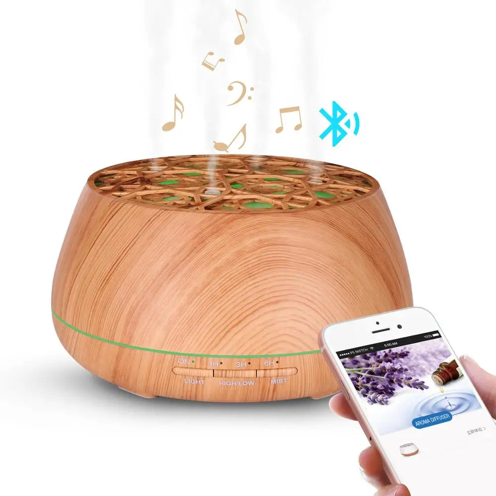 Wooden-textured 400ml app remote speaker aroma diffuser with green led accents and control buttons for oil humidifier music