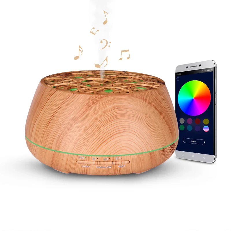 Wooden textured 400ml app remote speaker aroma diffuser with green led ring and engraved control buttons