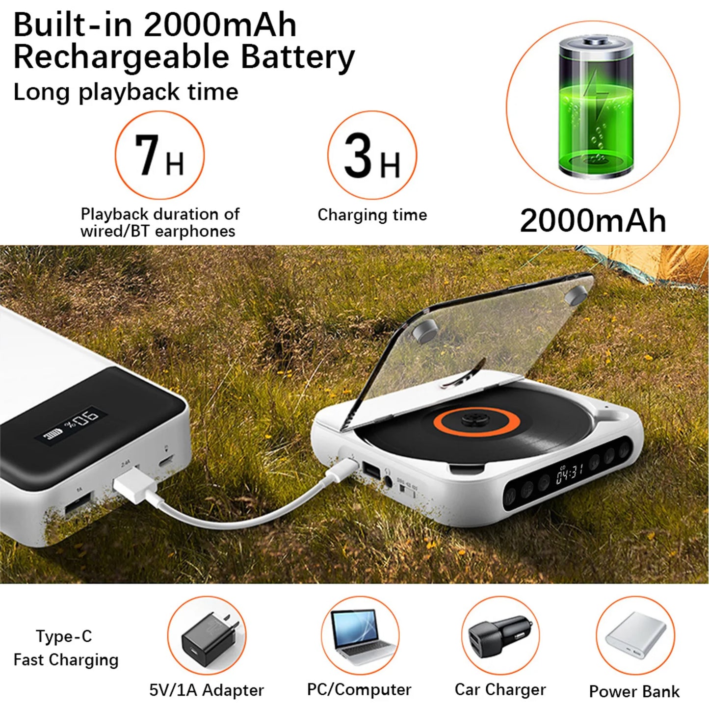 D Player Portable BT Music Player CD Runner with Dust Proof Cover A-B Repeat Timer Remote Control External Playback Function