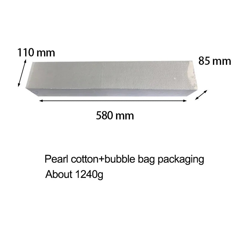 A sleek rectangular silver stone measuring 580mm x 110mm x 85mm for subwoofer home theater multi function speaker use