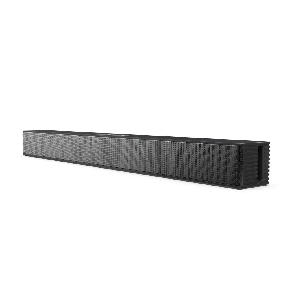Black rectangular 40w soundbar with textured grille featuring subwoofer home theater and wall mounted bluetooth functions