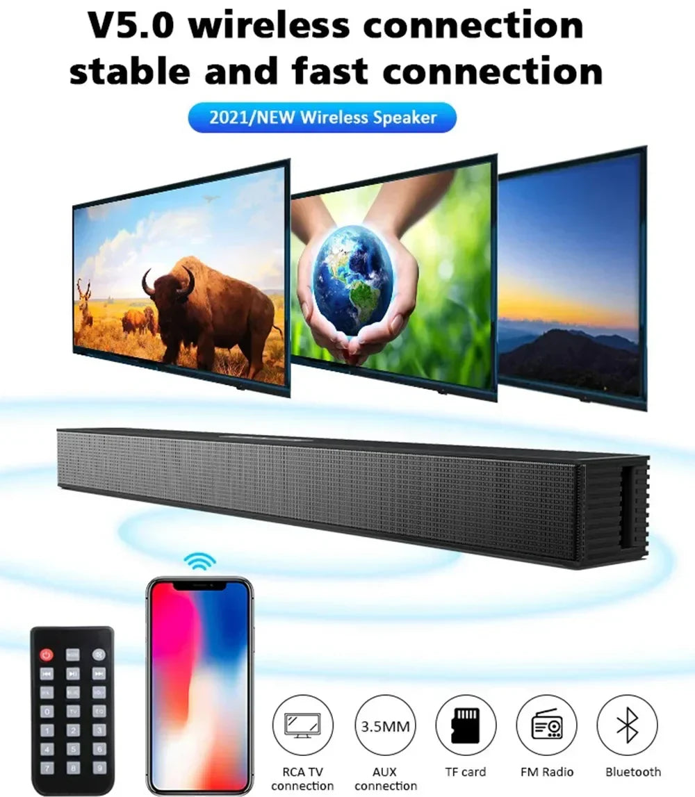 Black v5.0 40w subwoofer home theater soundbar with textured grille multi function speaker and wall mounted bluetooth connectivity