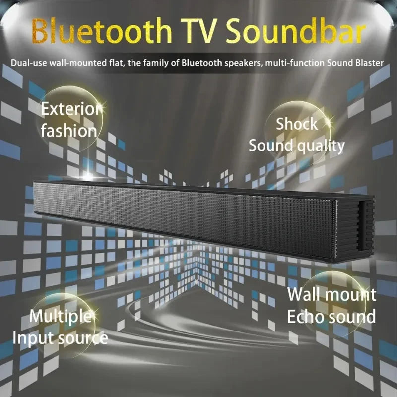 Black rectangular bluetooth tv soundbar with textured grille and sleek design for subwoofer home theater and wall mounted use