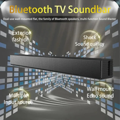 Black rectangular bluetooth tv soundbar with textured grille and sleek design for subwoofer home theater and wall mounted use