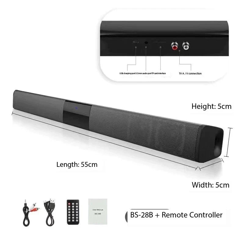 Black bs-28b soundbar tv portable with sleek design and textured grille for wireless column home theater sound system