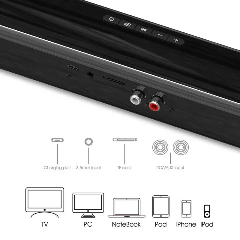 Black glossy soundbar tv portable with multiple ports including usb-c aux tf card for wireless column home theater sound system
