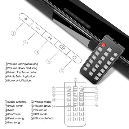 Black soundbar tv portable with sleek modern design and integrated control buttons for wireless column home theater sound