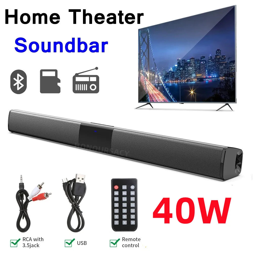 Black textured 40w soundbar tv portable with sleek elongated design and wireless column home theater sound system