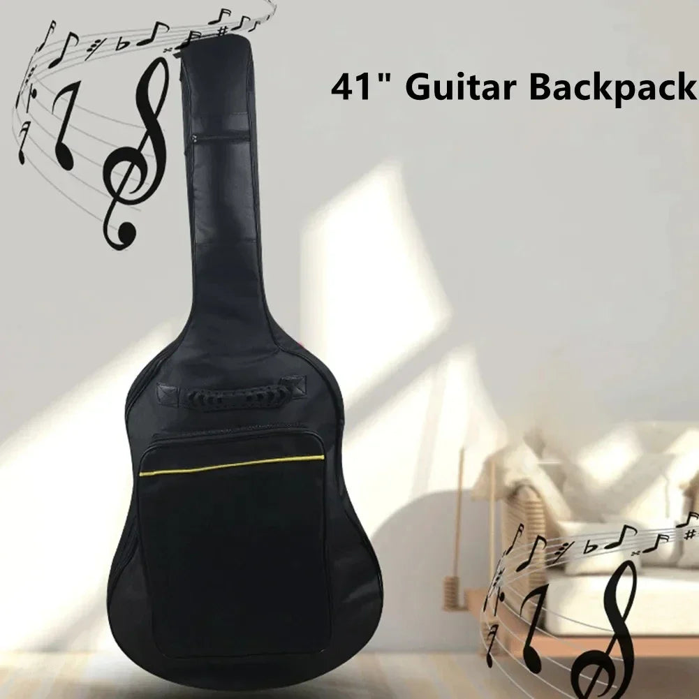 Black 41 inch acoustic guitar bag waterproof rip-stop oxford nylon with double straps padded and yellow trim