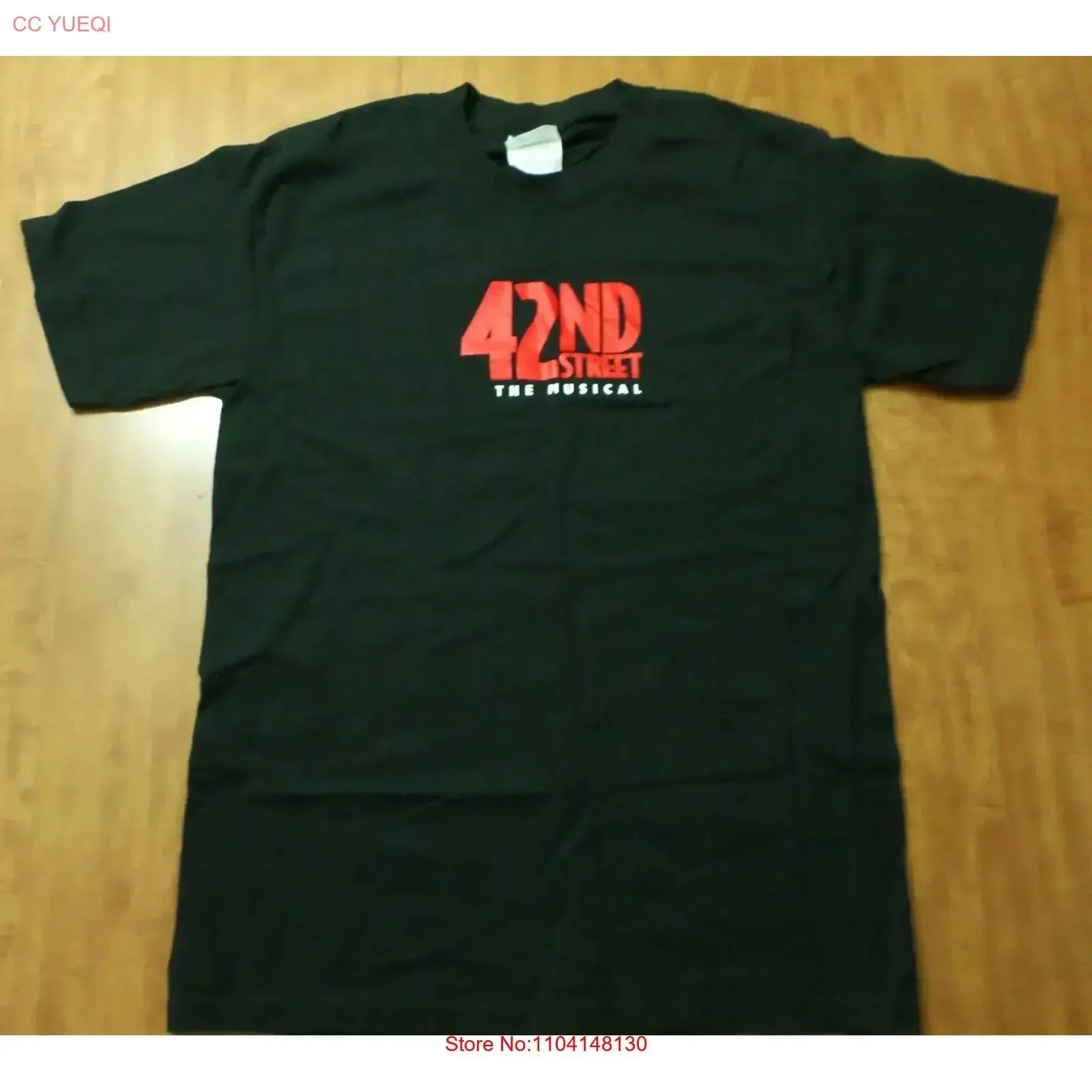 Black short-sleeved 42nd street broadway small tee with bold red and white vintage production depression graphic
