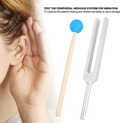 Silver tuning fork with blue rubber-tipped wooden handle made of high-quality materials for a432 hz tuning and nerve testing